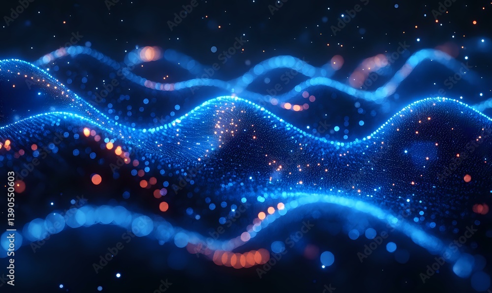 Poster abstract glowing blue waves with orange light particles flowing on dark background, creating dynamic
