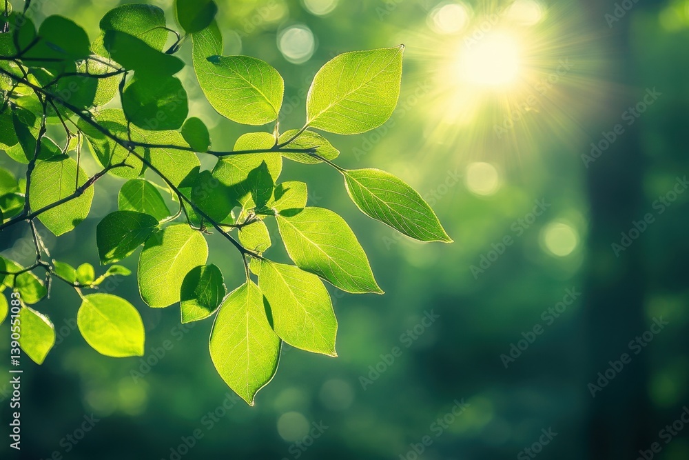 Poster sunlight filtering through lush green leaves creates a vibrant bokeh background in a serene natural 