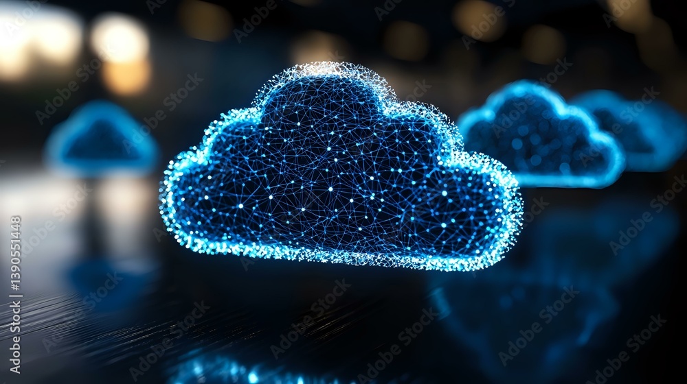 Poster Glowing blue cloud computing symbol with sparkle effect and digital particles against dark background, representing data storage and online technology.