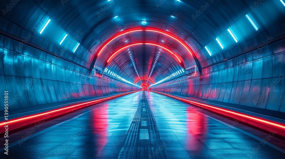 Poster an advanced tunnel features vibrant blue and red lighting, highlighting its role in modern mobility 