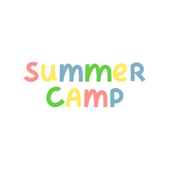 Colorful summer camp lettering vector. Hand-drawn cartoon text design for kids outdoor adventure theme. Colorful summer camp text vector for kids design.