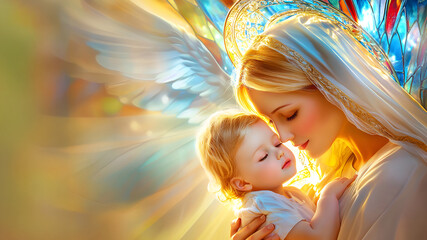 Serene Virgin Mary with baby Jesus embraced in angelic light with stained glass background