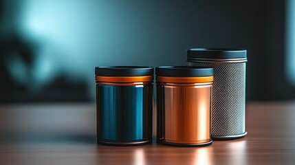 Three cylindrical containers; dark blue, copper, and metallic gray, with black tops, sit on a wooden surface