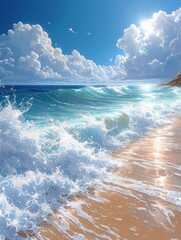 Naklejka premium Sea waves roll onto the shore and clouds separate the sky from the water.