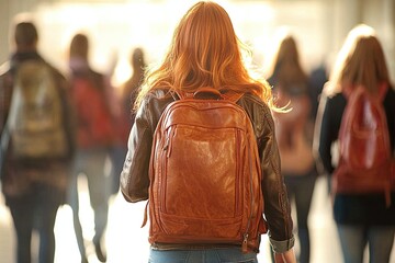 Obraz premium Back view of a beautiful girl walking down a university corridor, looking back and smiling. Soft light. Small depth of field.