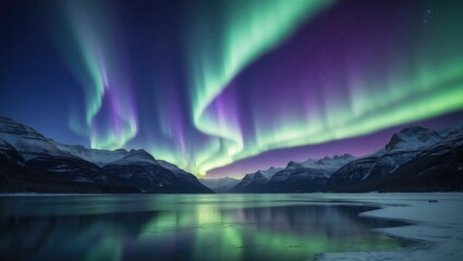 Naklejka premium In the tranquil embrace of the night sky, the muted aurora borealis unfolds like a soft secret. Its delicate shades of light green and gentle violet flow across the horizon, creating a peaceful