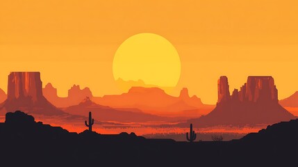 Sunset over a desert landscape with cacti and mesas.
