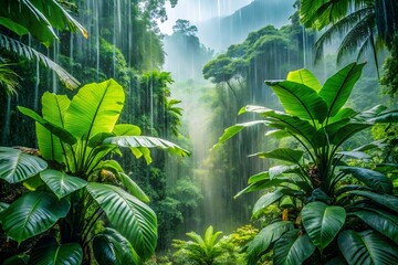 A tropical rainstorm in a lush jungle, rain falling on large green leaves, mist rising from the forest floor