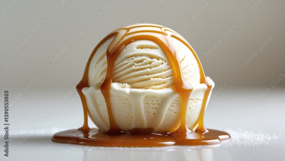 Poster ice cream ball viewed from above with syrup on a plain background.