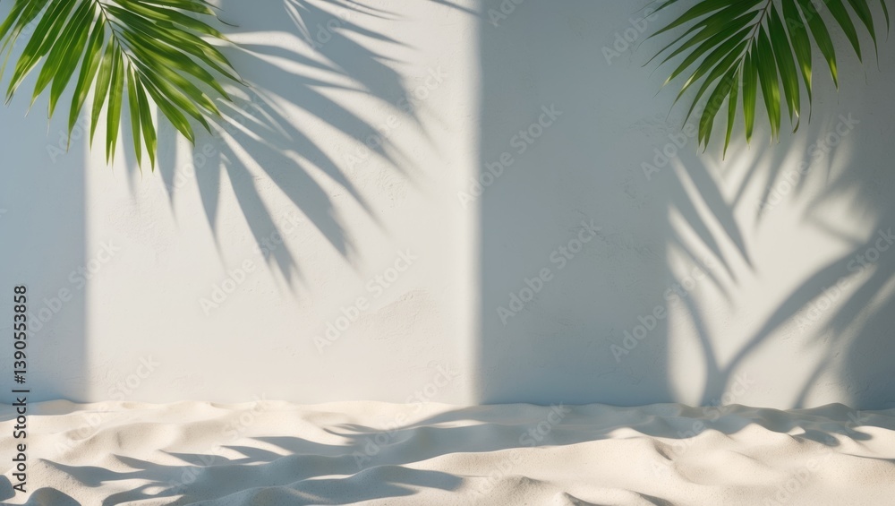 Poster white background featuring a palm leaf and its shadow. a minimal abstract arrangement - concrete wal