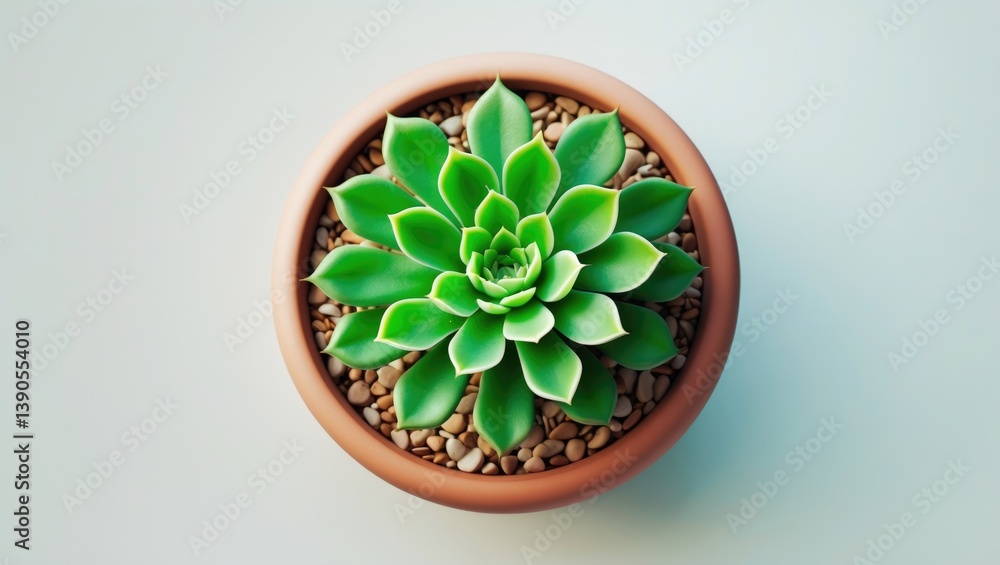 Aufkleber top view of a tiny green cactus in a pot set against a background with empty space.
