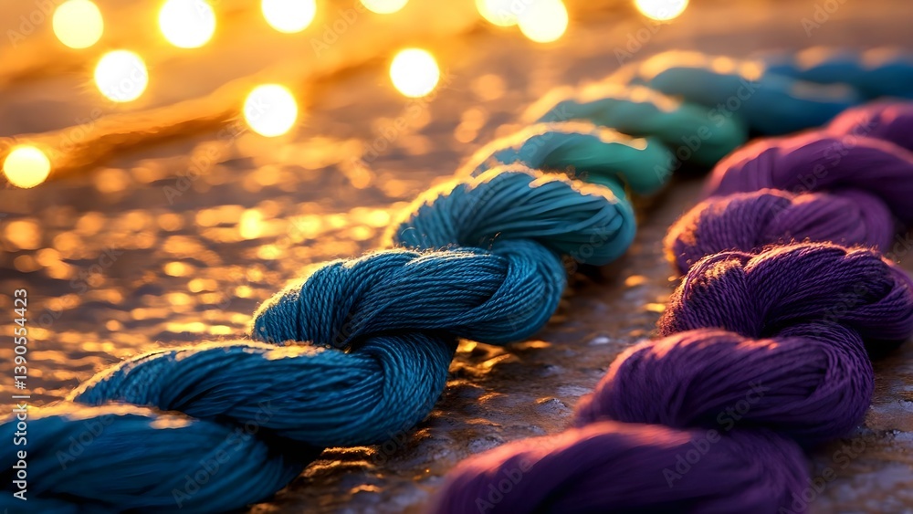 Poster colorful strands of yarn arranged in a row, with warm bokeh lights in the background creating a cozy