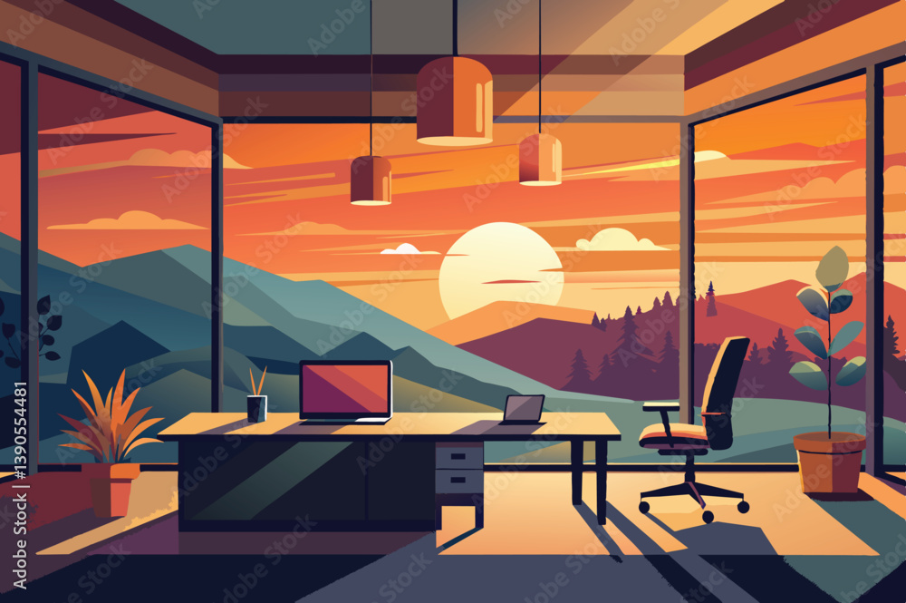 Poster the workspace showcases large windows framing a captivating sunset over the mountains. inside, a des