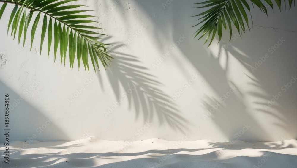 Poster white background featuring a palm leaf and its shadow. minimal abstract composition with a concrete 