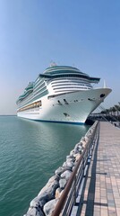 A massive cruise ship is gracefully docked at a modern pier, surrounded by tranquil waters on a beautifully clear day beneath a vibrant blue sky