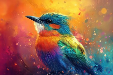 Obraz premium Colorful bird perched elegantly with vibrant plumage against a warm backdrop, beautiful bird with colorful plumage sits with its beak open