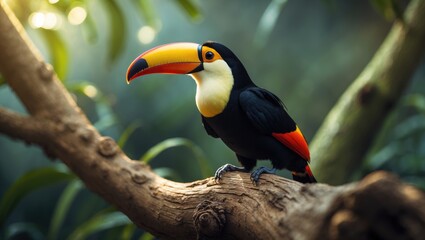 Obraz premium Toucan perched on a tree branch in a tropical jungle or forest.