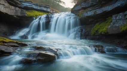 Fototapeta premium Waterfall cascading down a rocky cliff, featuring blurred motion due to a slow shutter speed; located at Mouth, Hartland.