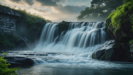Fototapeta premium Waterfall displaying the water cascading over rocks captured with a long exposure.