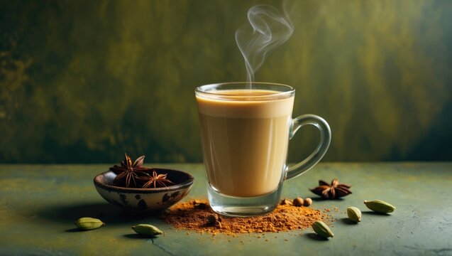 Traditional Middle Eastern beverage, Indian drink masala or Arabian karak chai. Blank space for text.