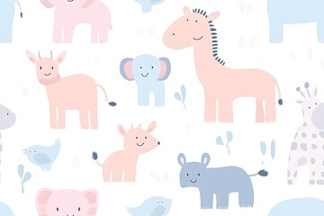 Minimalist safari animals in pastel shades, arranged in a playful, repeating pattern, perfect for kids' wallpaper