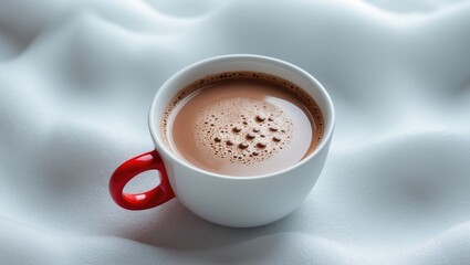 Fototapeta premium Top-down view of hot chocolate in a cup against a white background.