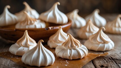 Traditional Latin American dessert known as meringue displayed on a wooden table.
