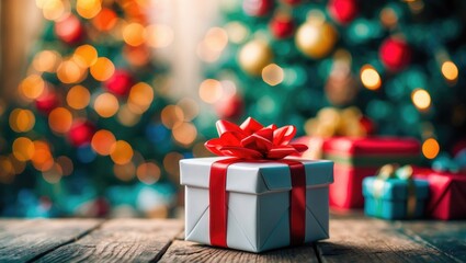 Traditionally displayed gift box with a tree and lights in the background.