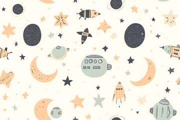 Whimsical Space Adventure: Minimalist Stars, Moons, and Spaceships in a Soft Pastel, Repeating Pattern