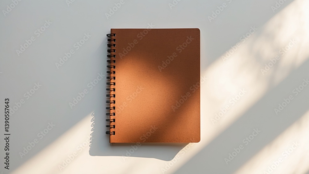 Poster closed spiral notebook made of recycled paper viewed from above on a white desk background.