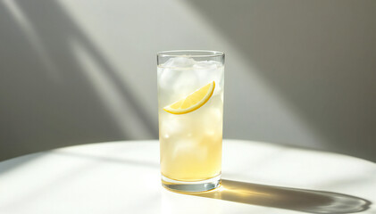 Refreshing Iced Tea: A tall glass of iced tea, garnished with a lemon wedge and filled with ice cubes, sits on a table, illuminated by sunlight streaming through a window.