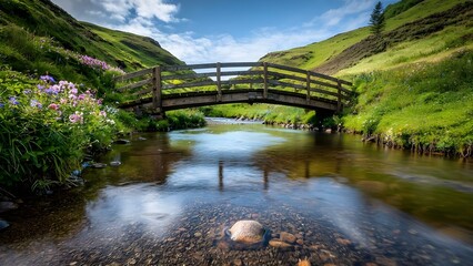 Obraz premium A serene landscape featuring a wooden bridge over a calm river, surrounded by lush greenery and colorful flowers. Concept Serene Landscape, Wooden Bridge, Calm River, Lush Greenery, Colorful Flowers