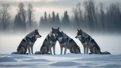 Naklejka premium Timber wolves or grey wolves Canis lupus, grouped on a white background, timber wolf pack gathered in the falling snow.