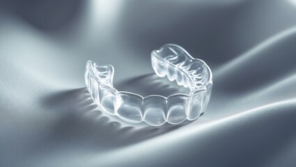 Top perspective of braces or invisible retainers on a grey backdrop, new orthodontic apparatus.
