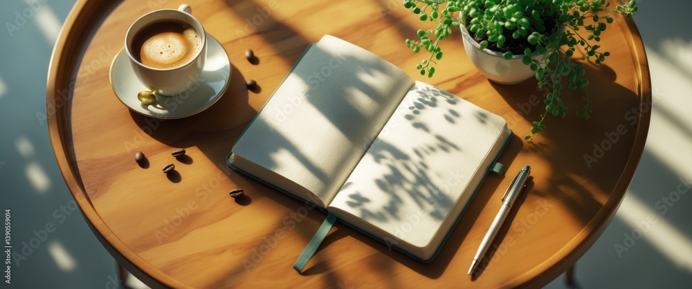Poster top view image of an open notebook with empty pages beside a cup of coffee on a wooden table. ready 