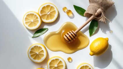 Top view of honey and lemon on a white background illustrating benefits of honey and lemon. Natural skincare, excellent drink recipe, remedy. Simplest method to alleviate sore throat and coughing.
