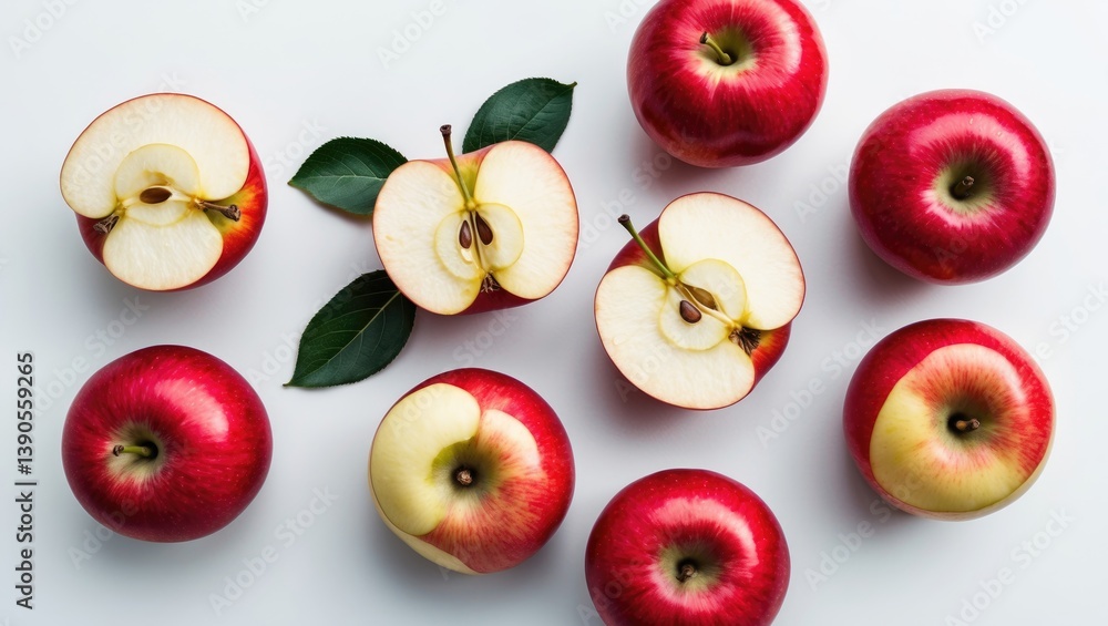 Aufkleber fresh red apples viewed from above, isolated on a white background with space for text.