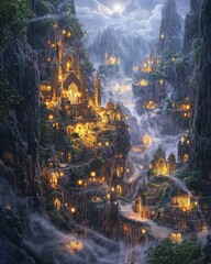 Fototapeta premium Mystical mountain city with illuminated temples and dramatic cliffside architecture