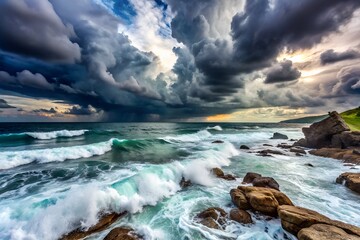 Obraz premium Cloudy, dramatic seascape with dark, swirling clouds above a wild ocean, powerful waves crashing against rocks