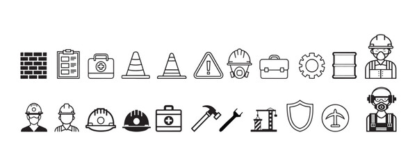 Minimalist Safety Icons Set, Construction Helmets, Protective Gear, and Workplace Symbols, Art & Illustration