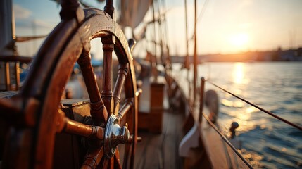 Wooden Ship Wheel Sunset Golden Hour Ocean Sailing Vessel Nautical Travel Adventure Cruise Ship Captain Yacht Luxury Summer Vacation Seascape Beautiful Seashore Dramatic Sunlight Golden Rays Warm     