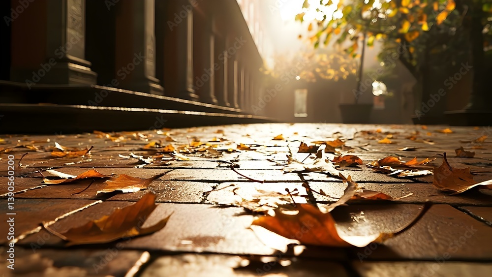 Poster a sunlit pathway covered with fallen leaves, surrounded by trees and shadowy columns, creating a ser