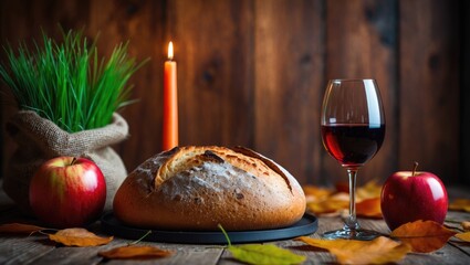 Traditional food for Christmas Eve. Yule log, apples, wine, bread, cereals, dried fruit, and a lit candle surrounded by green wheat on a rustic wooden table.