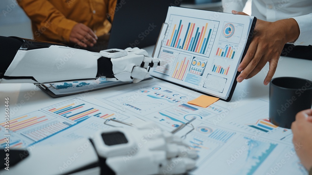 Poster a unique interaction between human and robot in a professional setting, showcasing data analysis wit
