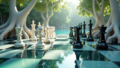 Floating Chessboard with Mirrored Squares and Giant Tree Roots in a Mystical Setting