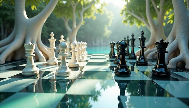 Floating Chessboard with Mirrored Squares and Giant Tree Roots in a Mystical Setting