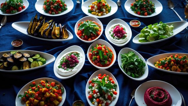 Traditional Turkish and Greek appetizer table featuring dishes like grilled eggplant salad, Baba Ghanoush, and spicy paste. Selective focus on various salads.
