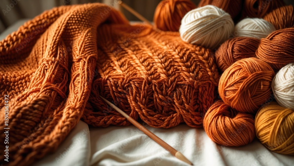 Poster top view of openwork knitting for a woolen scarf with wool threads on knitting needles and a row cou