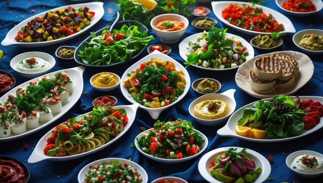 Traditional Turkish and Greek food appetizer spread. Grilled eggplant salad, various salads, Baba Ghanoush, appetizers, spicy paste, and salad. Selective focus.