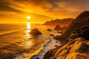 Obraz premium Golden sunset casting long shadows over a rocky coastline, the ocean shimmering with light 